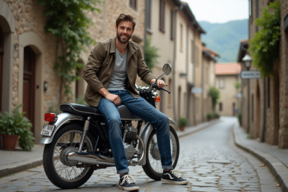 Homme souriant avec moto Yamaha Dax dans un village européen