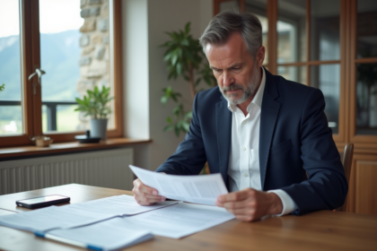 Homme suisse en chemise blanche et blazer bleu examinant des documents fiscaux