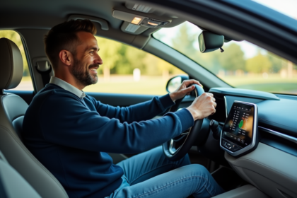 Homme d'âge moyen vérifiant le tableau de bord d'une voiture hybride moderne