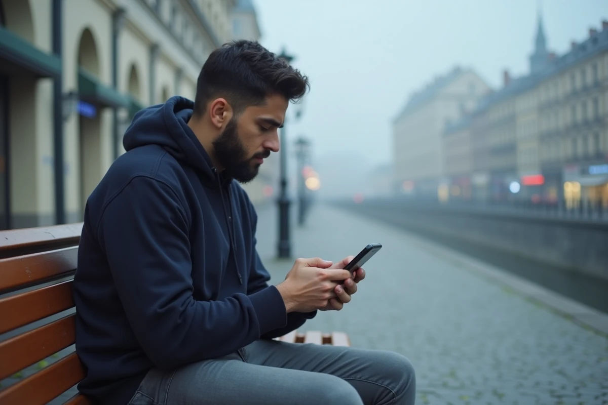 Jeune homme musulman consultant les horaires de prière sur son téléphone à Nantes au lever du jour