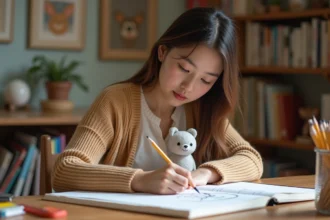 Jeune illustratrice esquissant Tchoupie dans son studio cosy