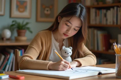 Jeune illustratrice esquissant Tchoupie dans son studio cosy