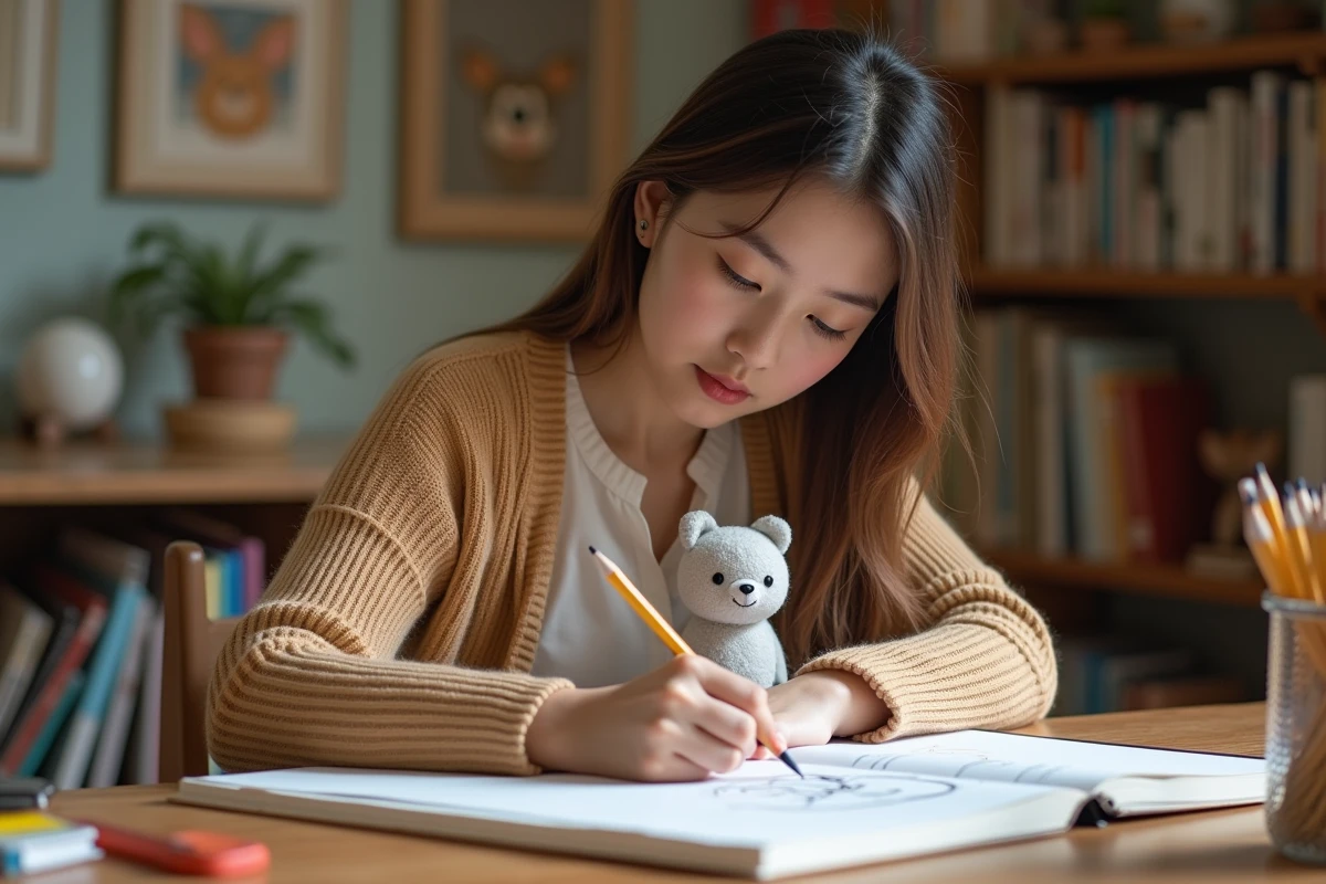 Jeune illustratrice esquissant Tchoupie dans son studio cosy