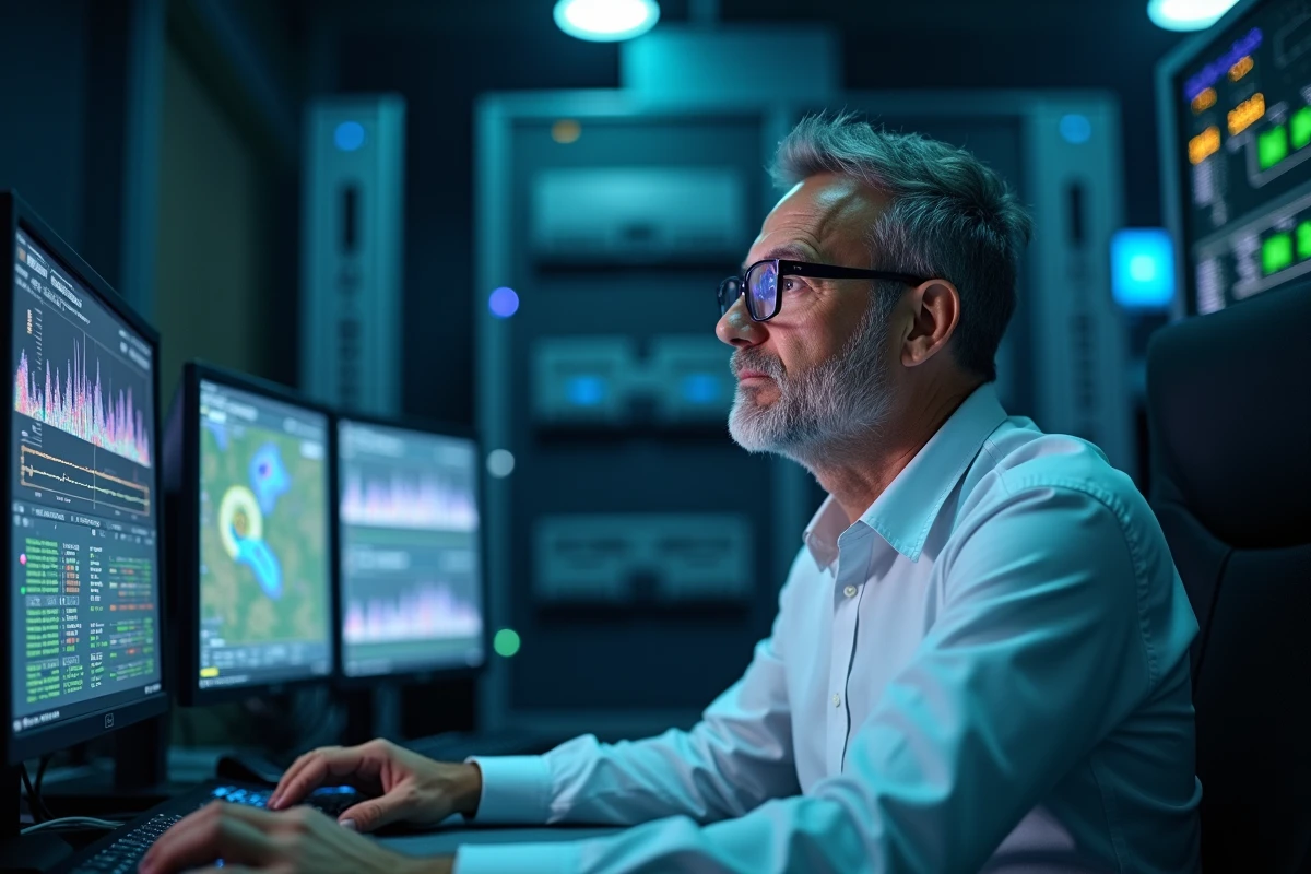 Ingénieur analysant des données de couverture et de qualité du signal TNT dans une salle de contrôle technique