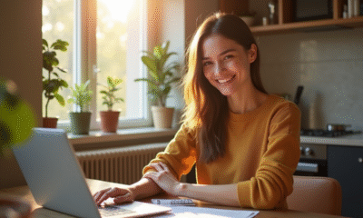 Jeune adulte souriant remplissant papier d'aide logement