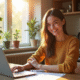 Jeune adulte souriant remplissant papier d'aide logement