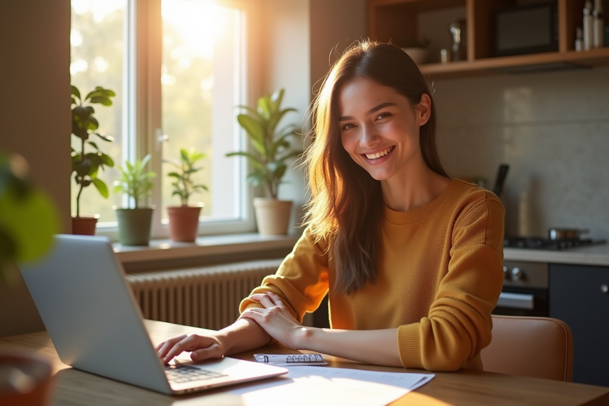 Jeune adulte souriant remplissant papier d'aide logement