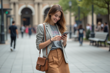 Jeune adulte nonbinaire souriant dans une ville animée