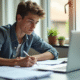Jeune adulte remplissant des documents sur un bureau lumineux