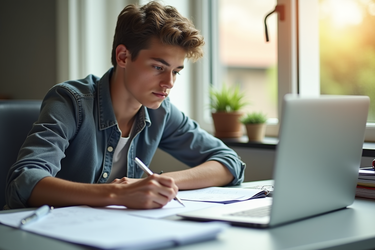 Jeune adulte remplissant des documents sur un bureau lumineux