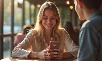 Jeune femme souriante au café regardant son téléphone avec un cœur rouge