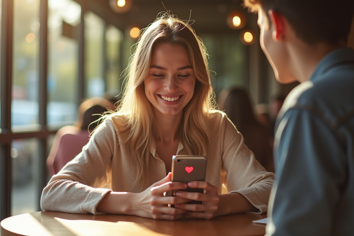 Jeune femme souriante au café regardant son téléphone avec un cœur rouge