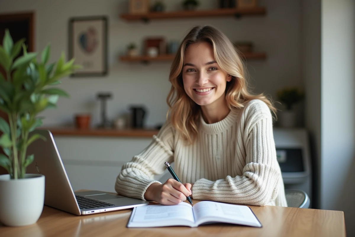 Jeune femme souriante cherchant des noms de villes italiennes