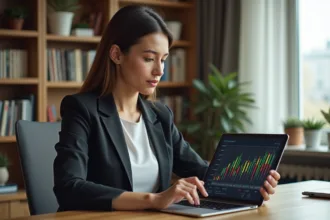Jeune femme étudie un graphique ETF sur une tablette dans un bureau moderne