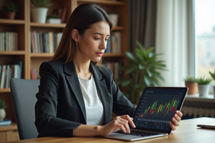 Jeune femme étudie un graphique ETF sur une tablette dans un bureau moderne
