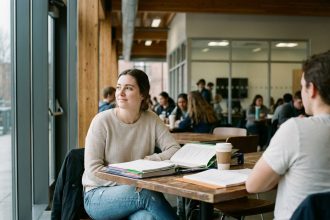 Jeune femme pensant dans une cafeteria universitaire