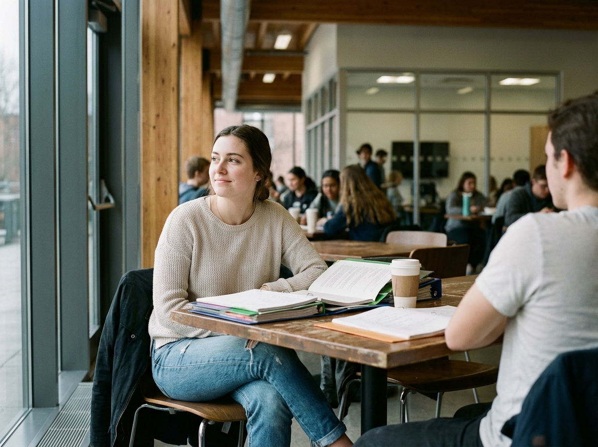 Jeune femme pensant dans une cafeteria universitaire
