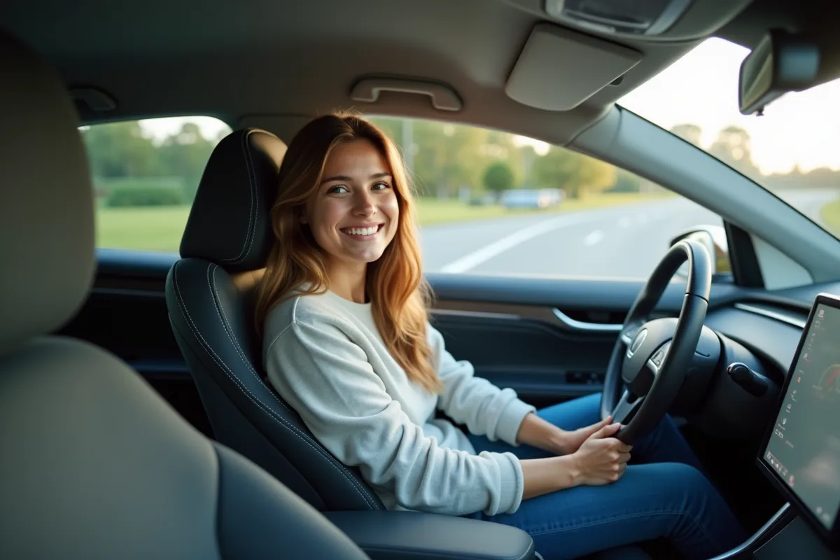 Jeune femme souriante dans une voiture autonome en voyage