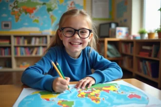 Jeune fille souriante en classe avec carte du monde