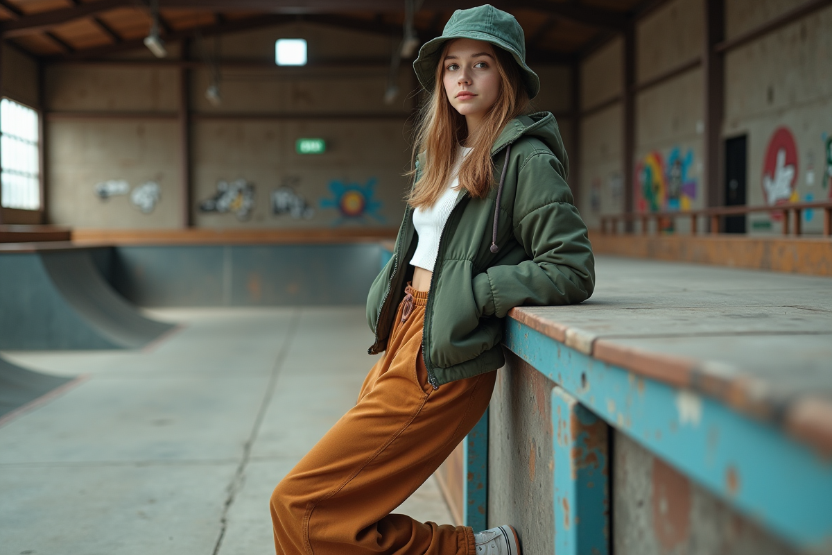 Jeune fille en skatepark avec casque et vêtements tendance