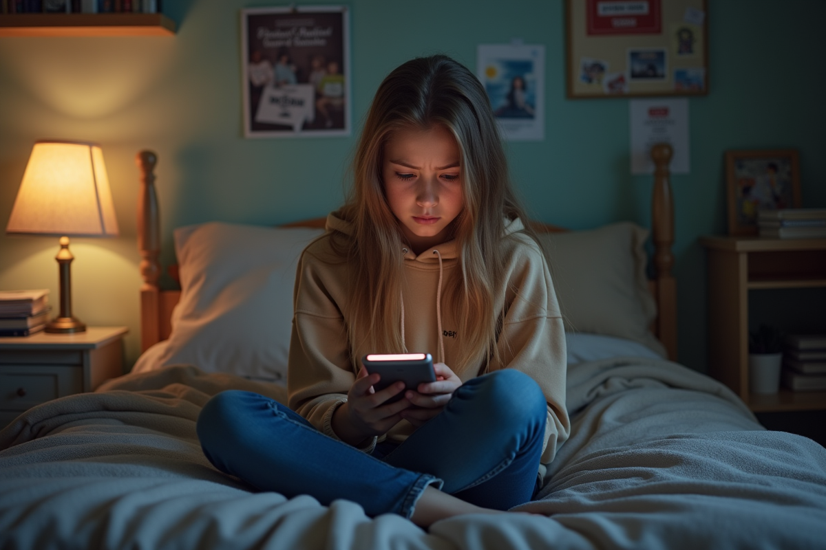 Jeune fille anxieuse avec smartphone dans sa chambre