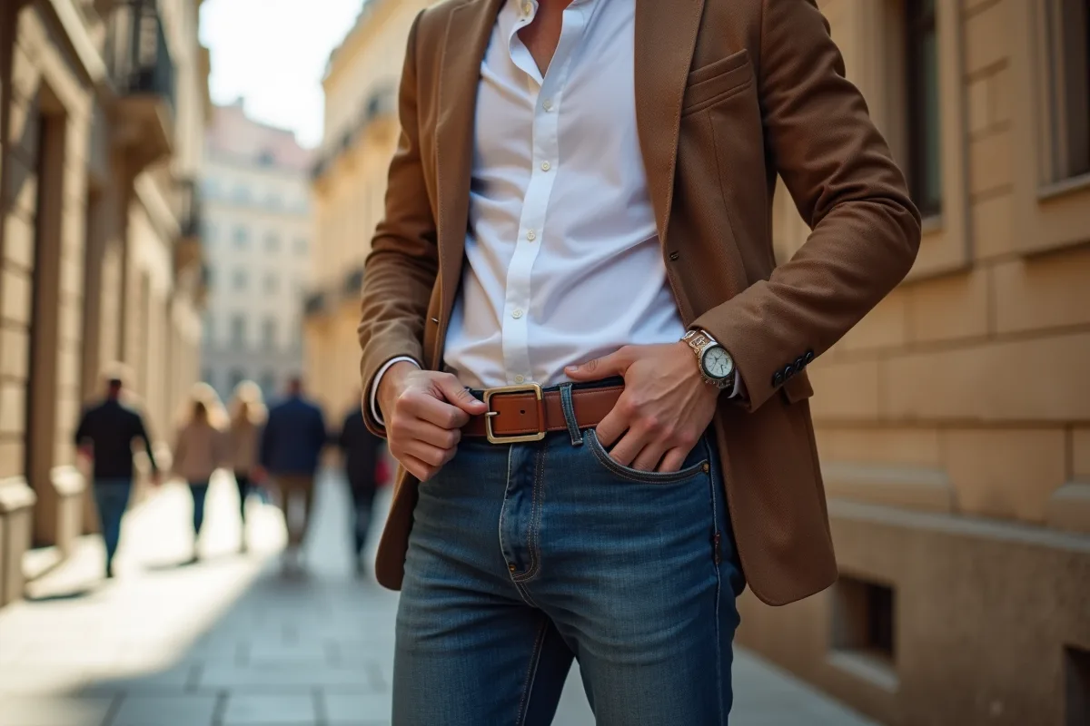Jeune homme ajustant sa ceinture en ville en plein jour
