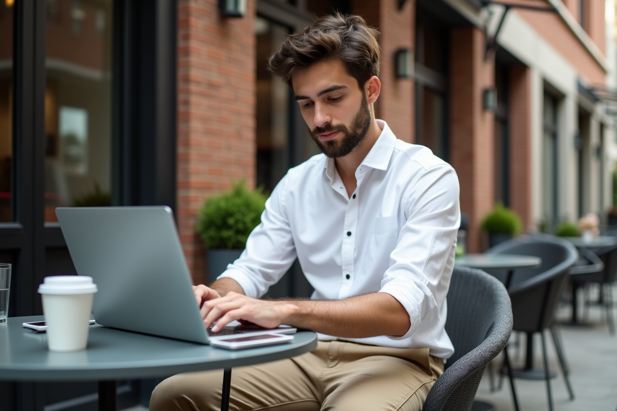 Jeune homme utilisant son ordinateur dans un café en terrasse