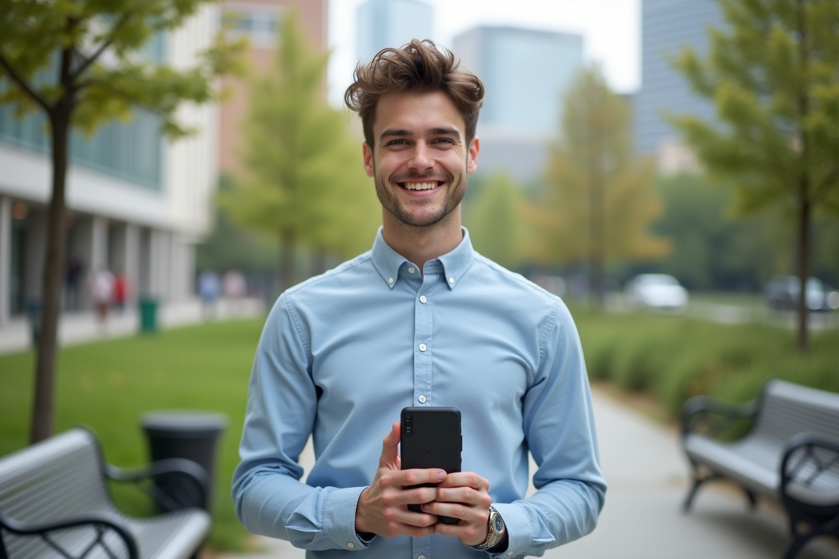 Jeune homme souriant tenant un prototype dans un parc urbain