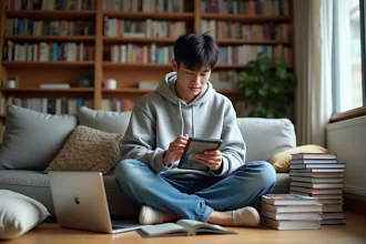 Jeune homme lisant manga sur tablette dans un salon cosy