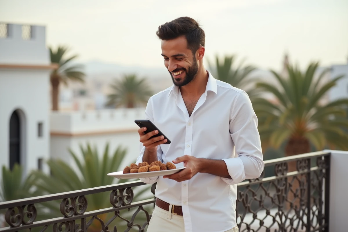 Jeune homme marocain riant avec sweets de Ramadan