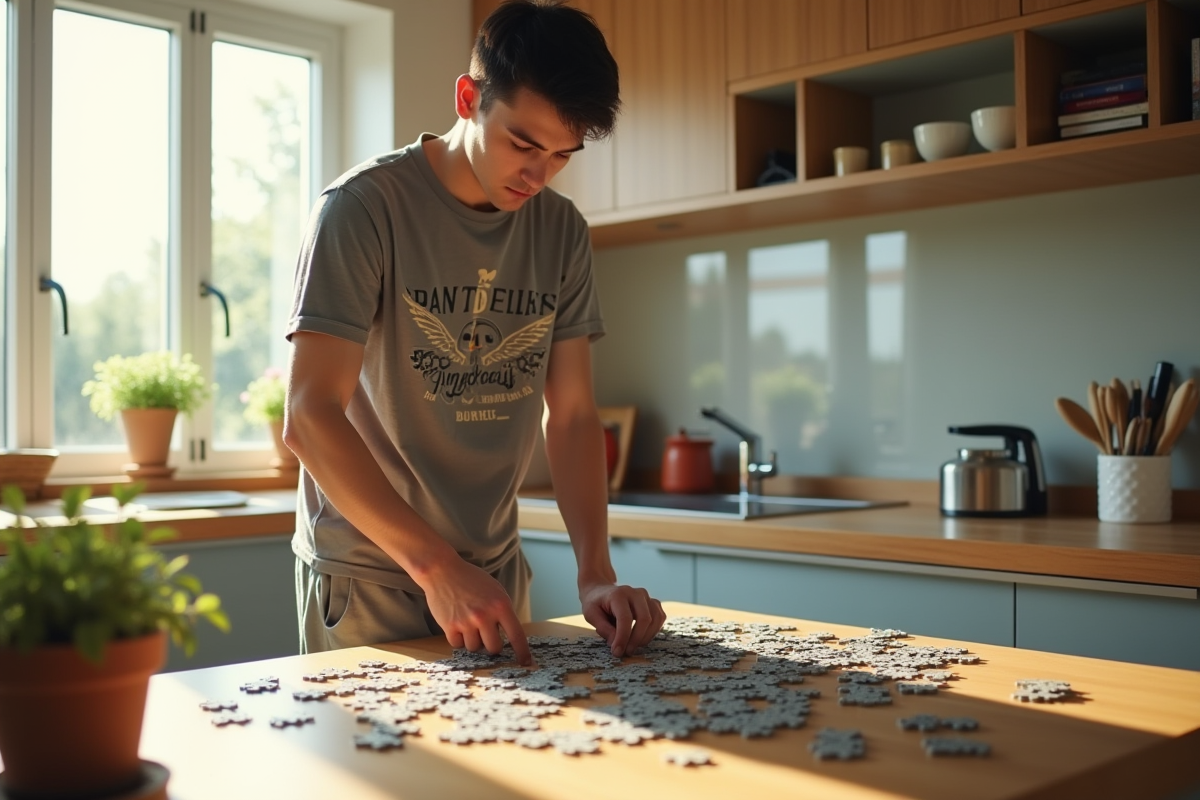 Jeune homme assemble un puzzle dans une cuisine lumineuse