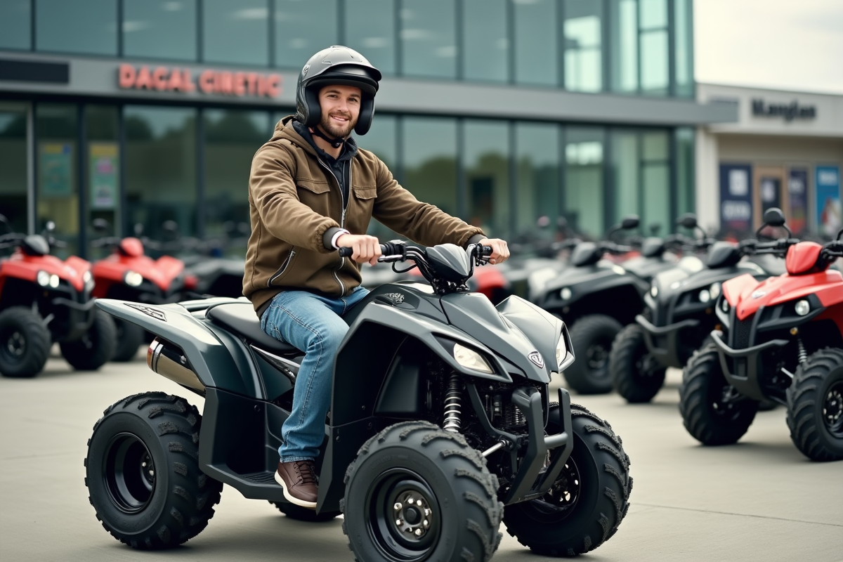 Jeune homme en extérieur sur un quad neuf dans un concessionnaire