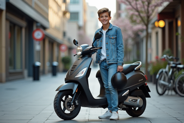 Jeune garçon souriant avec scooter en ville au printemps