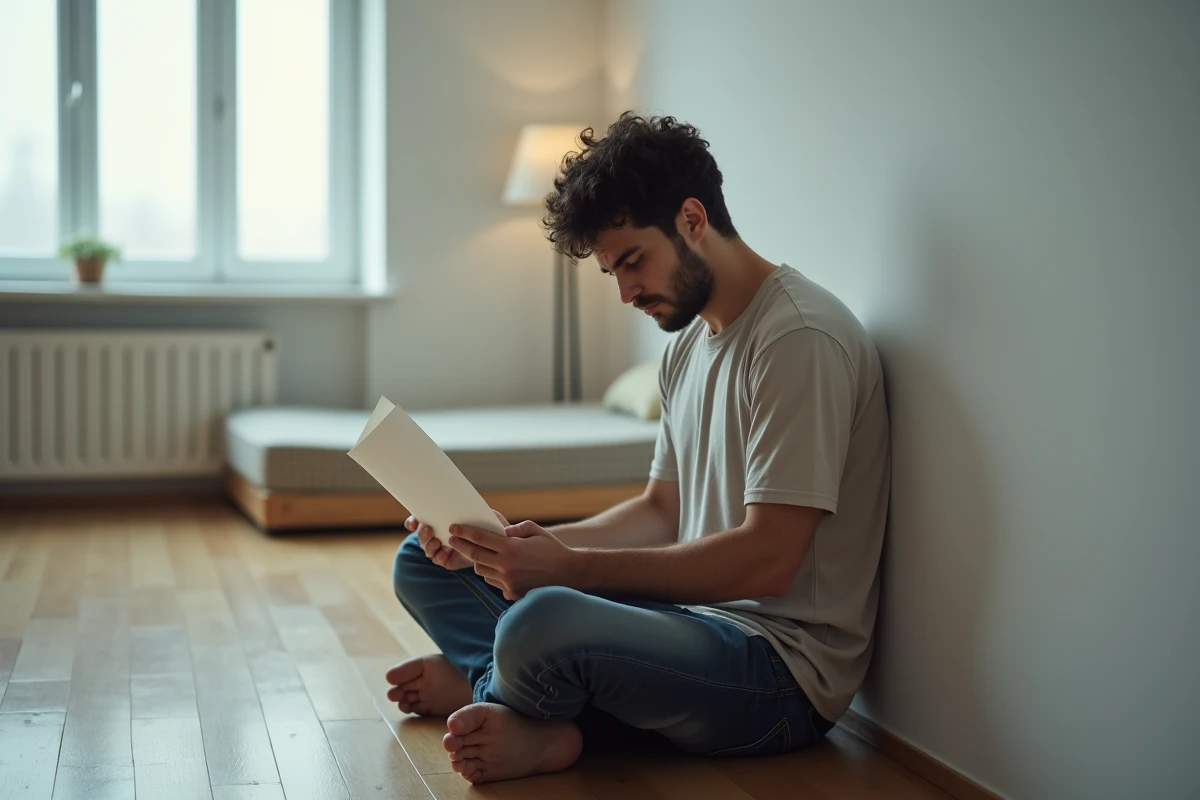 Jeune homme assis seul sur le sol d'un appartement vide, tenant une lettre manuscrite avec une expression de tristesse et de douleur intérieure