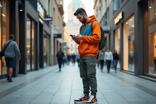Jeune homme en streetwear dans une ville animée