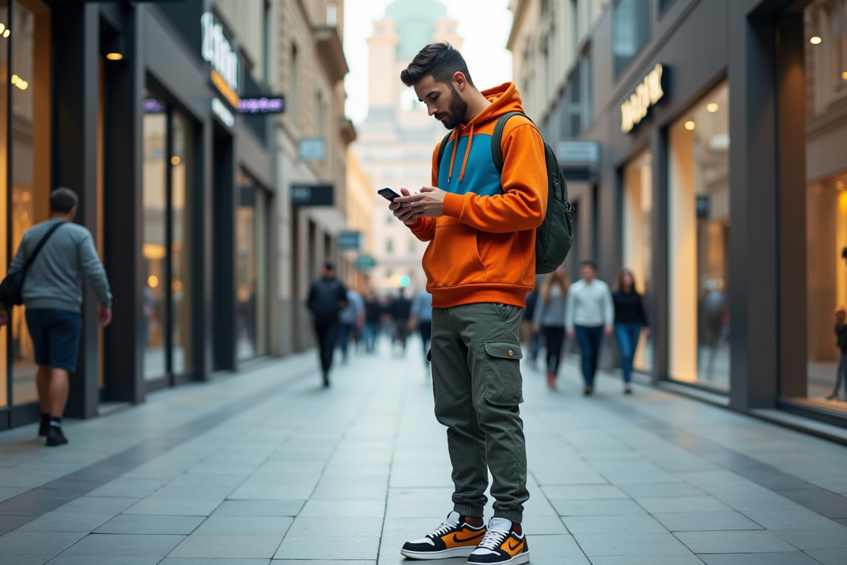 Jeune homme en streetwear dans une ville animée