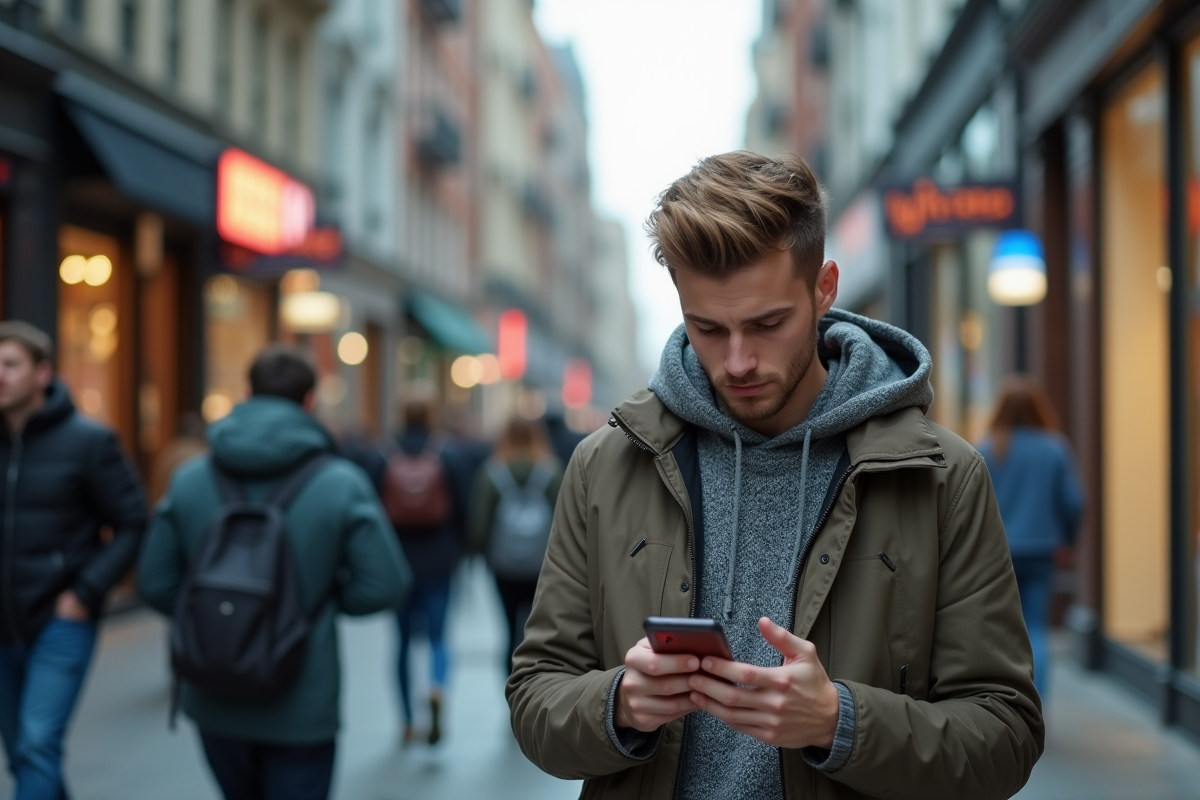 Jeune homme dans la ville en train de scroller son téléphone