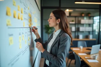 Jeune femme gestionnaire écrivant des jalons sur un tableau blanc