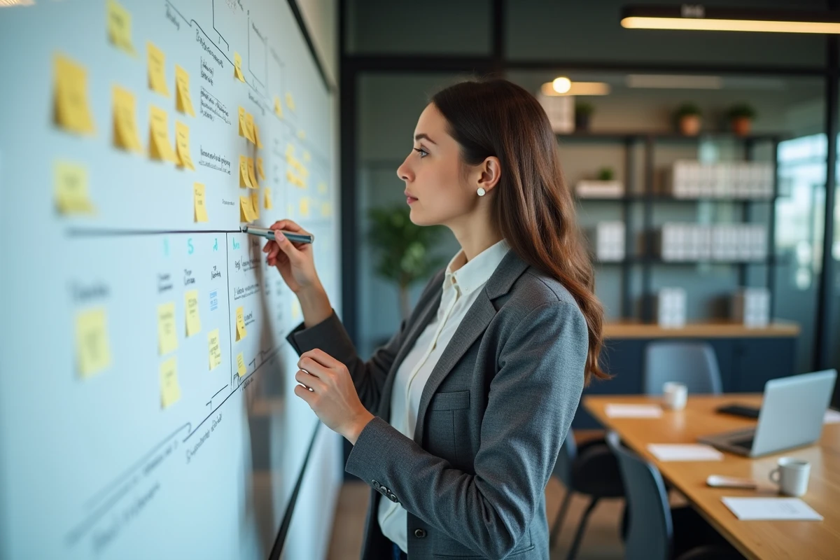 Jeune femme gestionnaire écrivant des jalons sur un tableau blanc