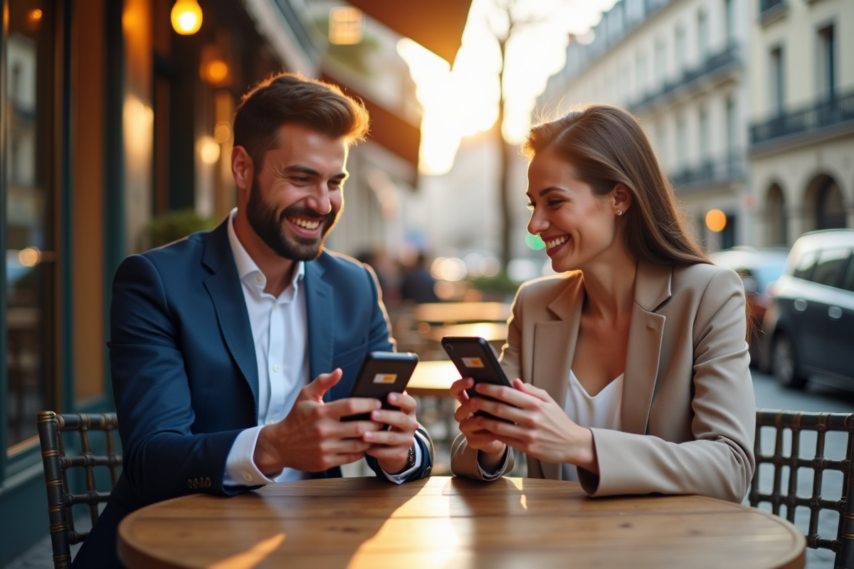 Jeune professionnel et femme utilisant des applications bancaires à Paris