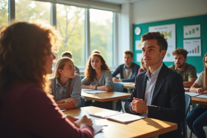 Groupe d'élèves au lycée écoutant un professeur en finance