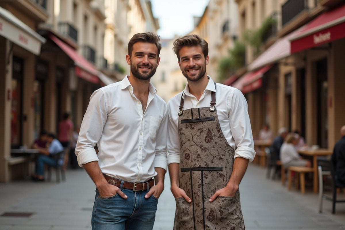 Deux jeunes hommes dans une rue historique de la capitale du textile