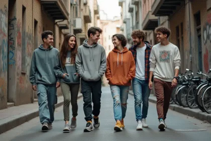 Groupe de jeunes adultes dans une rue urbaine graffiti