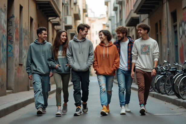 Groupe de jeunes adultes dans une rue urbaine graffiti