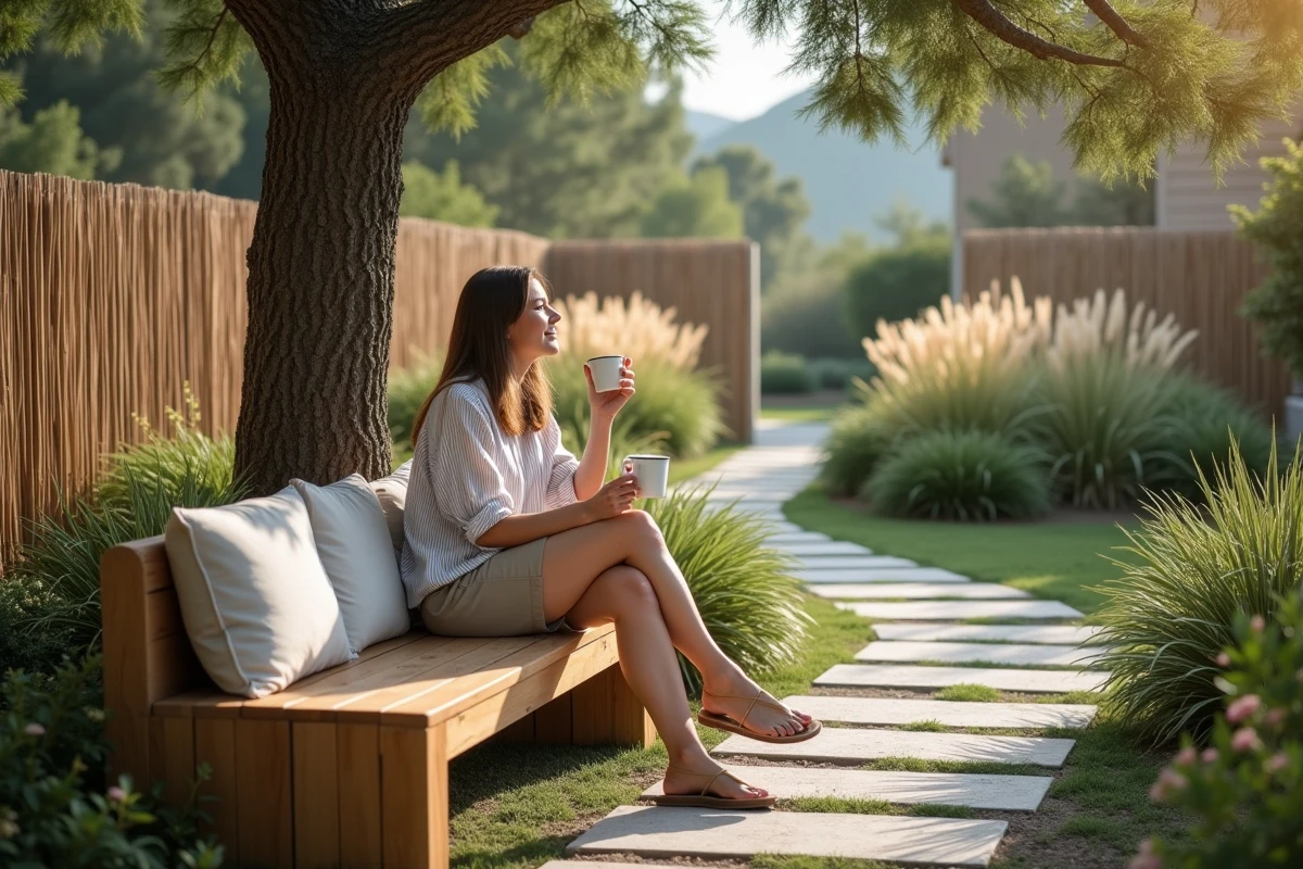 Femme assise sur un banc en bois dans un jardin avec chemin en pierre