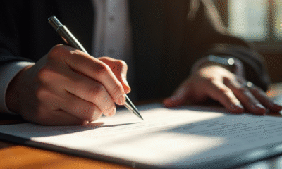 Main d'un juge signant un document juridique en lumière naturelle