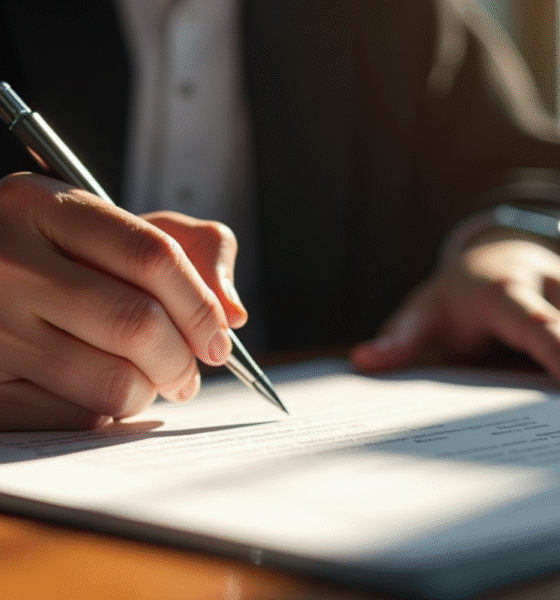 Main d'un juge signant un document juridique en lumière naturelle