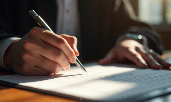 Main d'un juge signant un document juridique en lumière naturelle