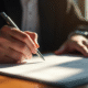 Main d'un juge signant un document juridique en lumière naturelle