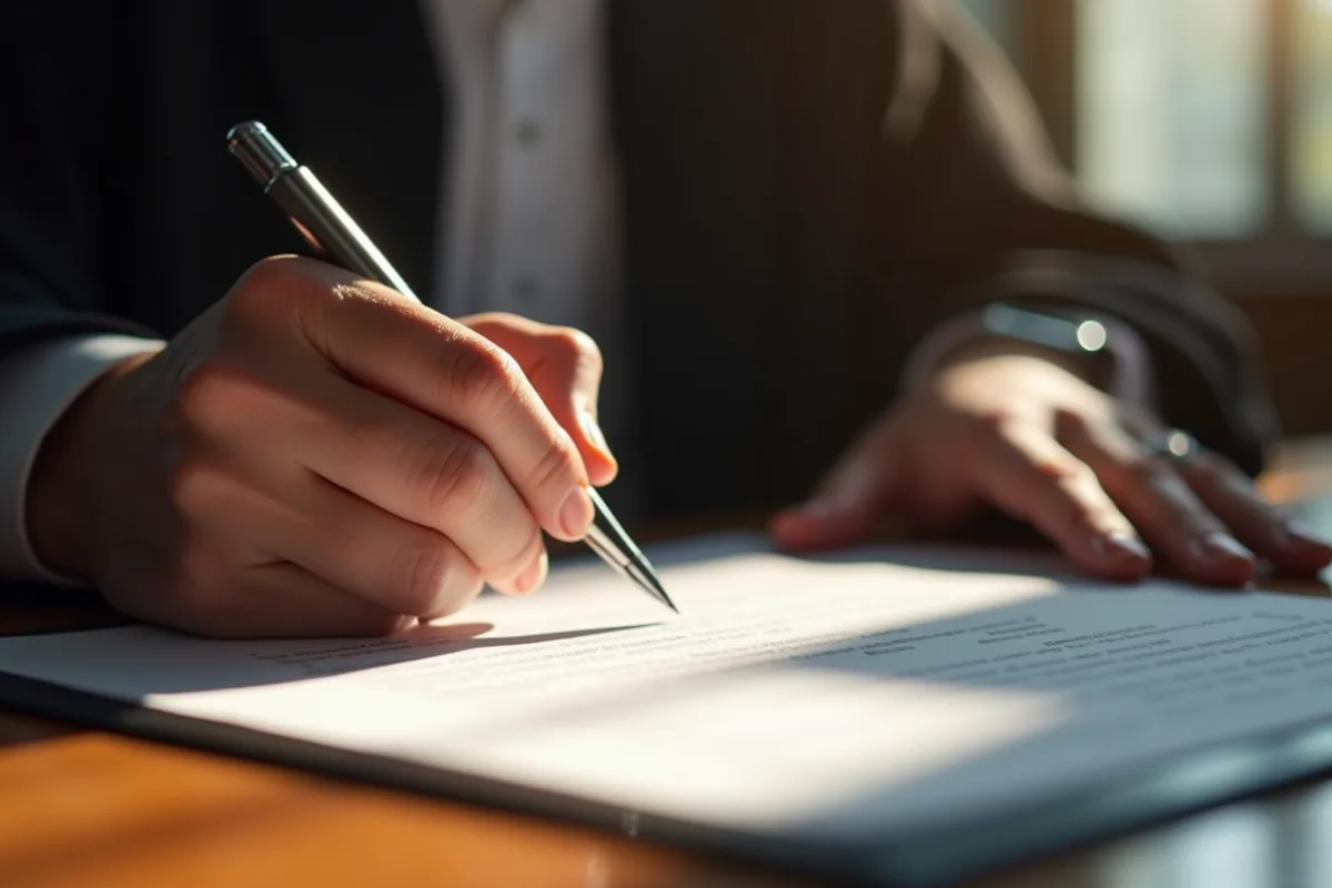 Main d'un juge signant un document juridique en lumière naturelle